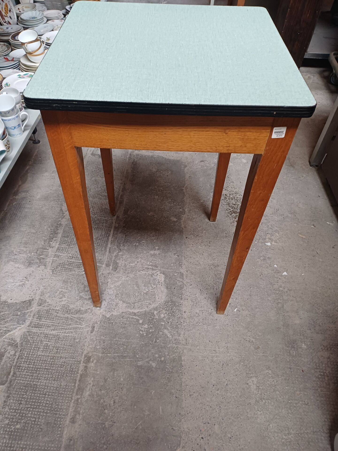 Formica table with tapered wooden legs + stool