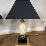 Pair of designer ostrich egg lamps in travertine from maison barbier