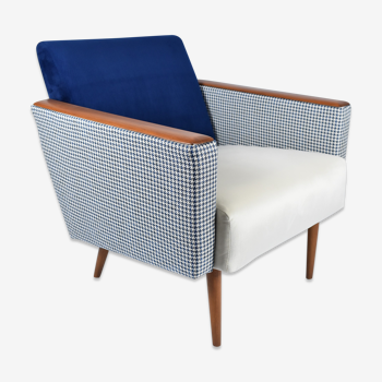 Mid- century modern armchair, 1970s, restored, blue and white velvet, pied de poule fabric