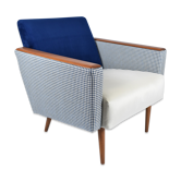 Mid- century modern armchair, 1970s, restored, blue and white velvet, pied de poule fabric