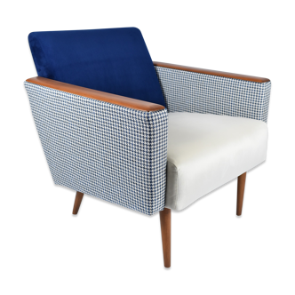 Mid- century modern armchair, 1970s, restored, blue and white velvet, pied de poule fabric