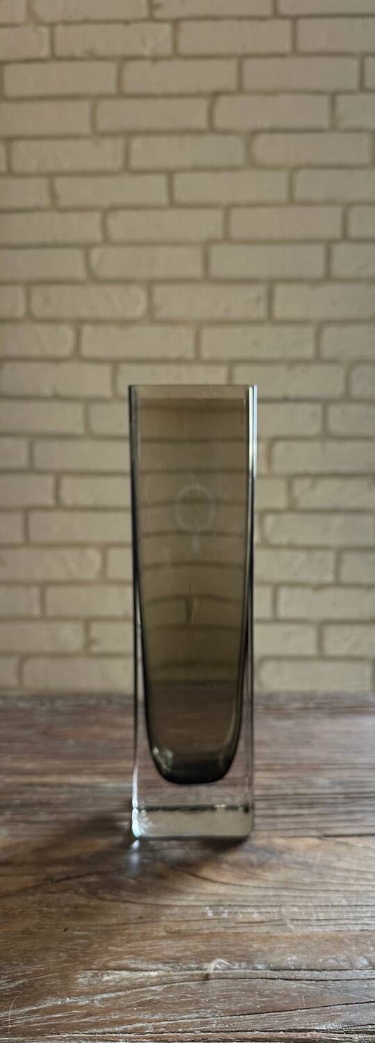 Rectangular smoked glass vase design in retro vintage Murano spirit