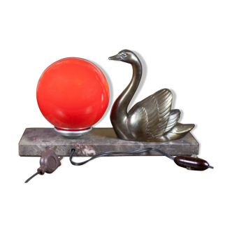 Lamp signed M.Leducq, table lamp swan regulates on marble, ball lamp, art deco lamp, 30's