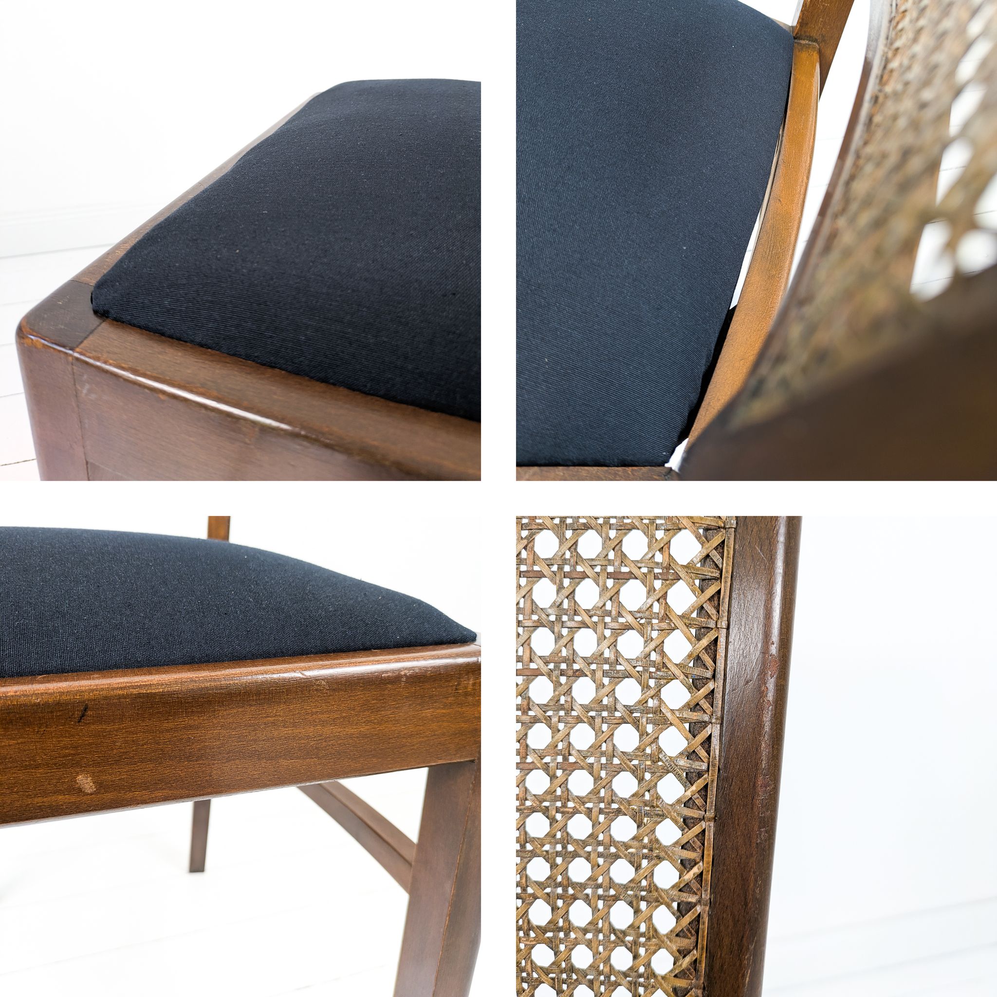 Lot de 4 chaises vintage en bois, cannage viennois et assise noire