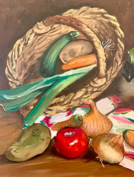 Oil on canvas, Still life "La garbure" signed and countersigned R.CAUMEL 1982