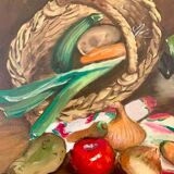 Oil on canvas, Still life "La garbure" signed and countersigned R.CAUMEL 1982