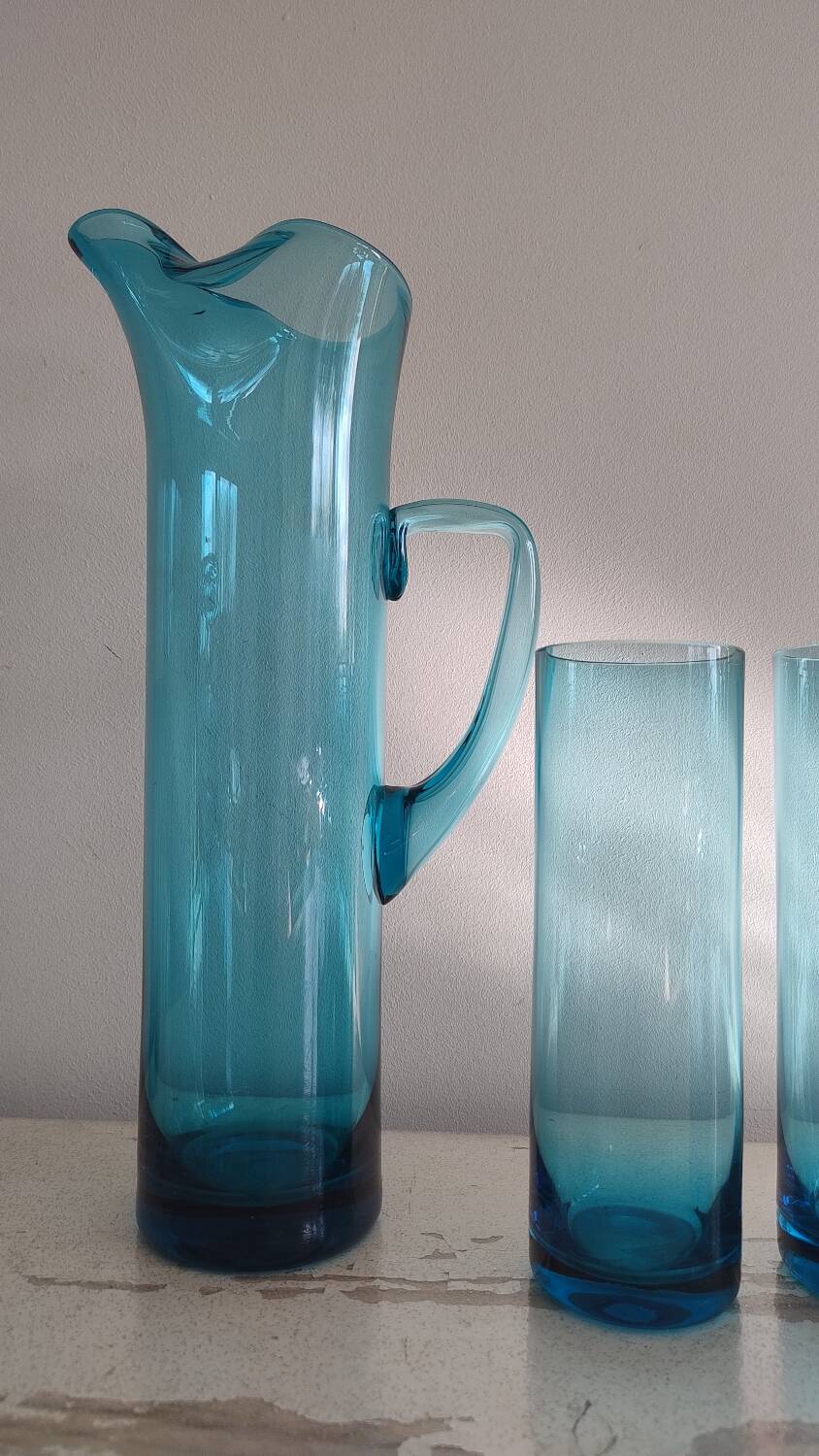 Vintage blue glass water service – carafe + 6 glasses