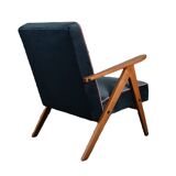 Chaise compas restaurée, tissu jaune canari, fil rose, teck, 1960