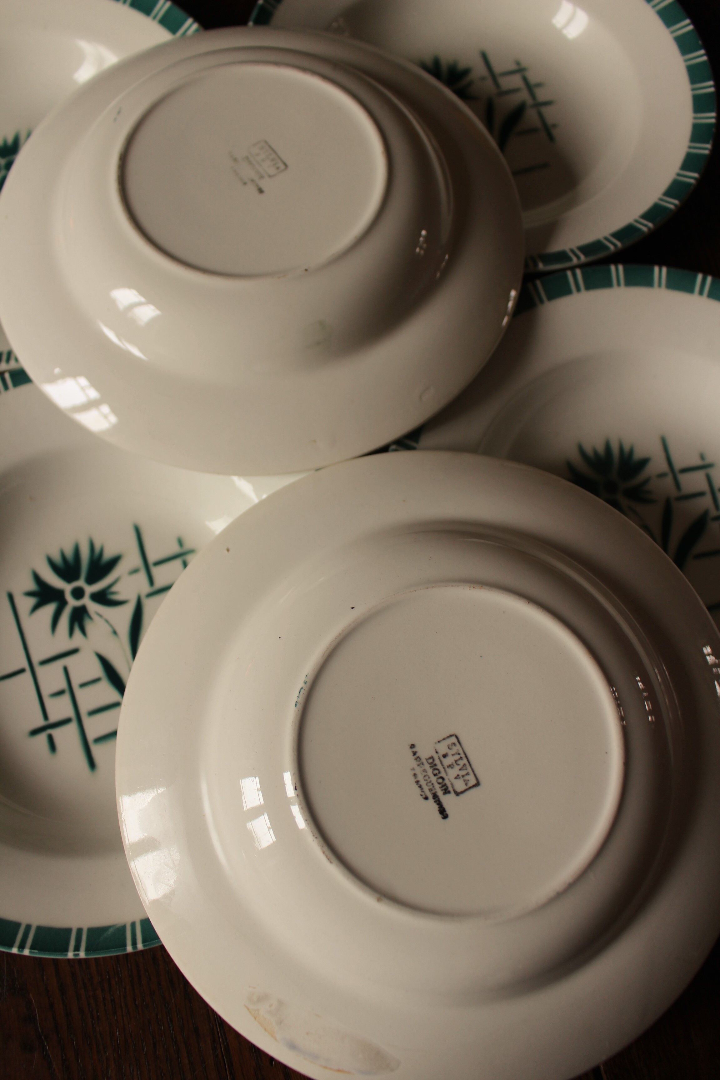 Lot 6 green hollow plates Sylvia Digoin Sarreguemines