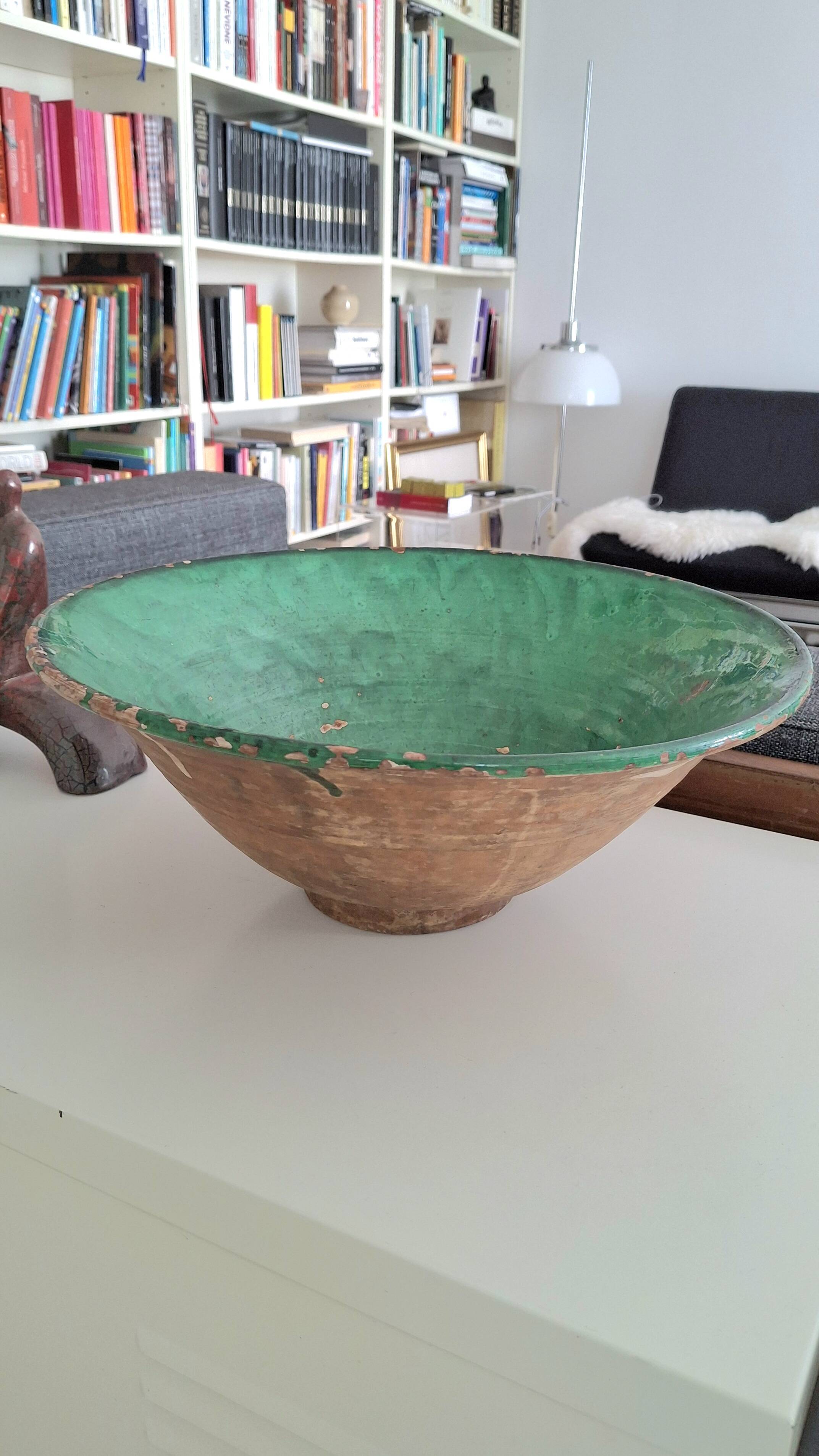 19th century Antique Hand-Glazed Terracotta Conical Bowl in Emerald Gr