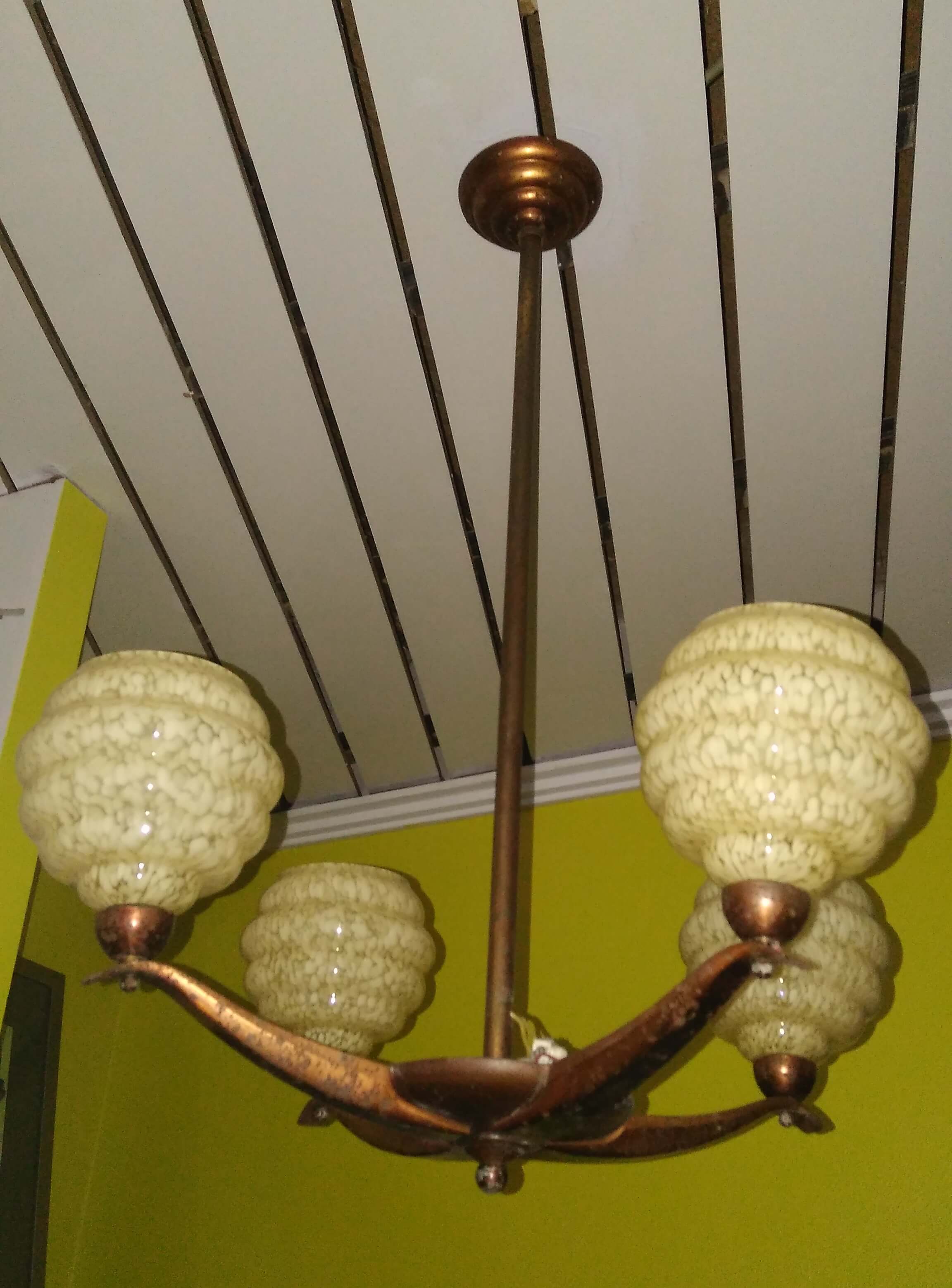 Art deco chandelier 4 globes clichy and copper glass