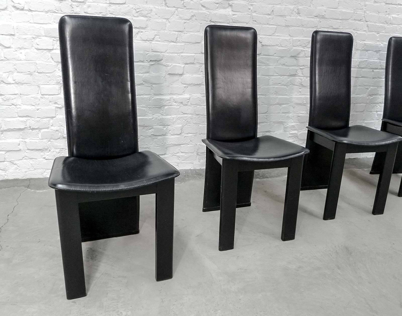 Cidue Style Black Sadle Leather High Back Italian Design Dining Chairs 70s