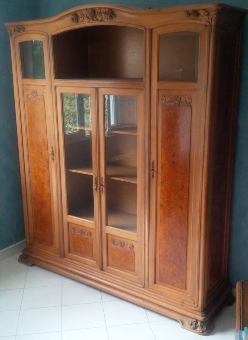 Art Nouveau glass library in walnut burl