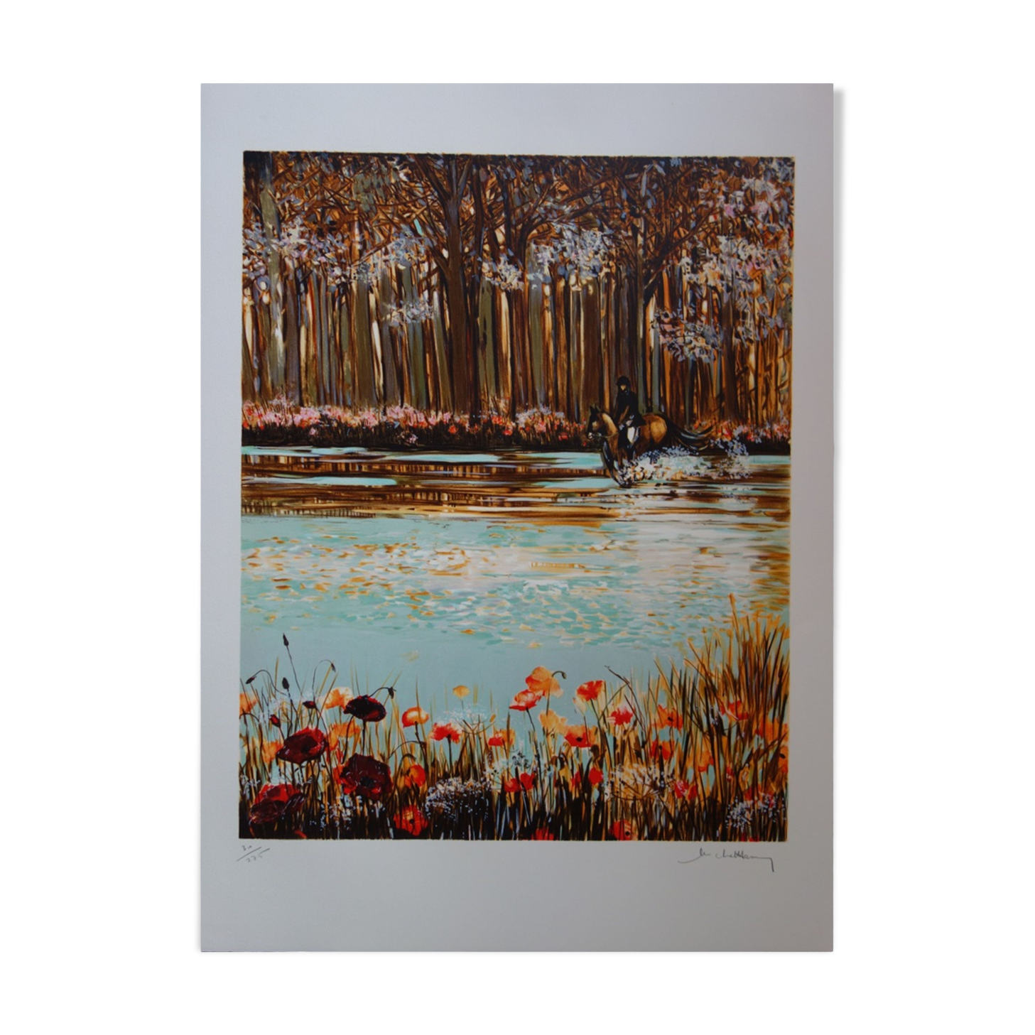 Michel Henry : Cavalier dans le sous-bois aux coquelicots, lithographie originale signée
