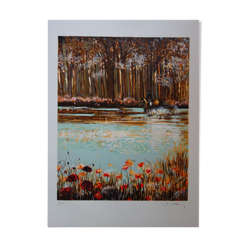 Michel Henry : Cavalier dans le sous-bois aux coquelicots, lithographie originale signée