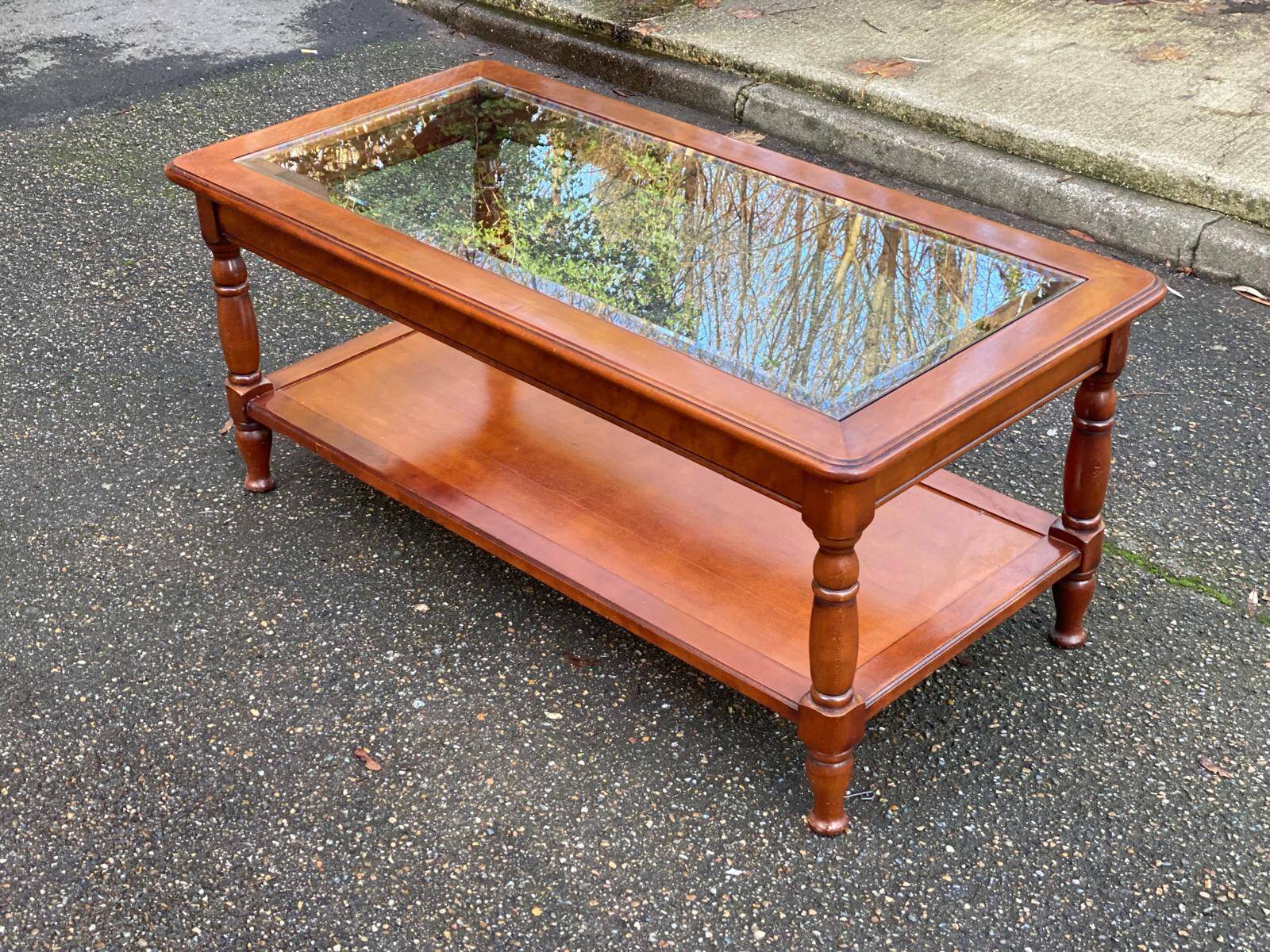 Vintage Louis Philippe coffee table in solid wood and glass, 110x55cm