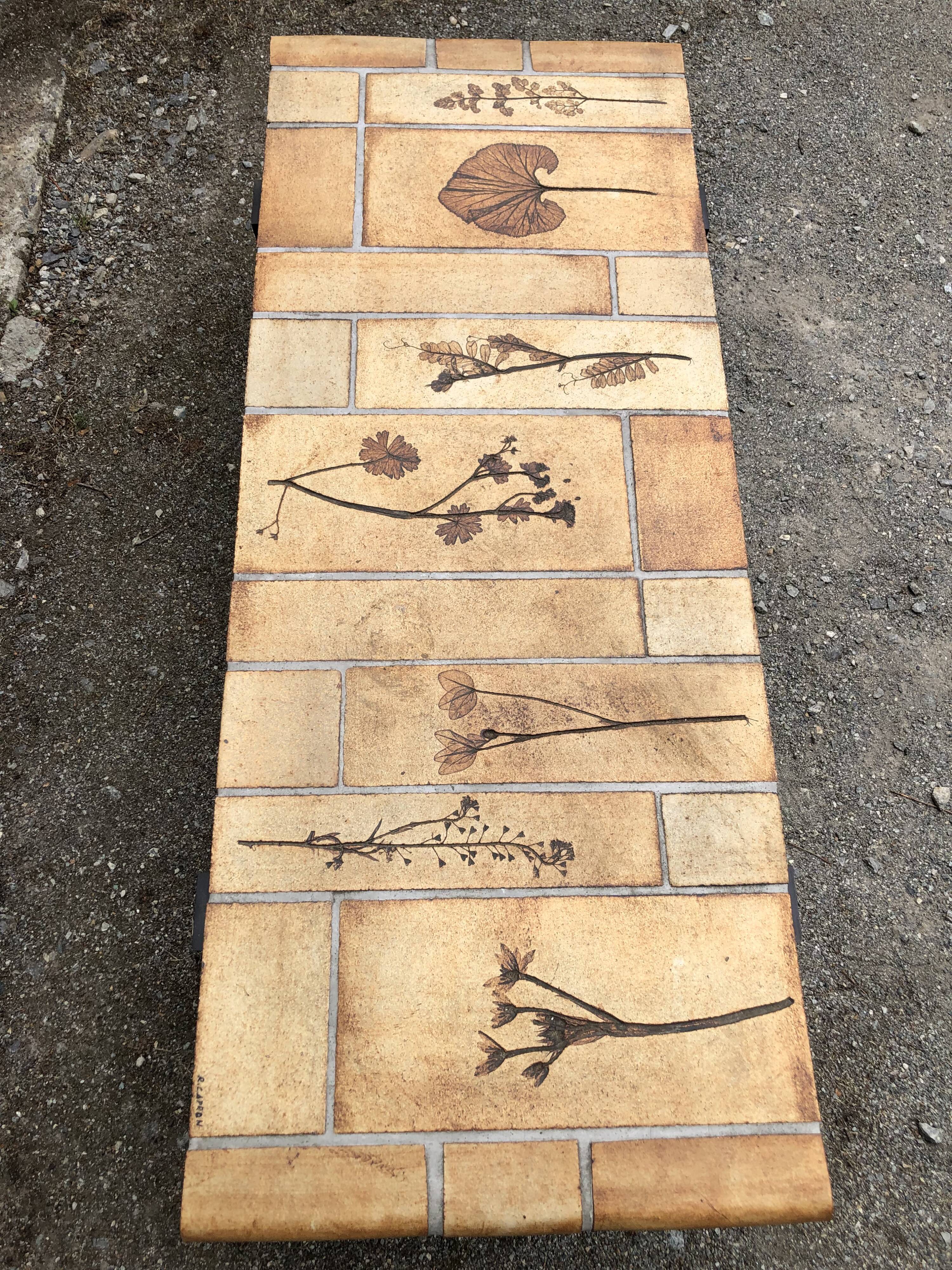 Vintage ceramic coffee table with herbarium decorations by Roger Capron, solid beech base.