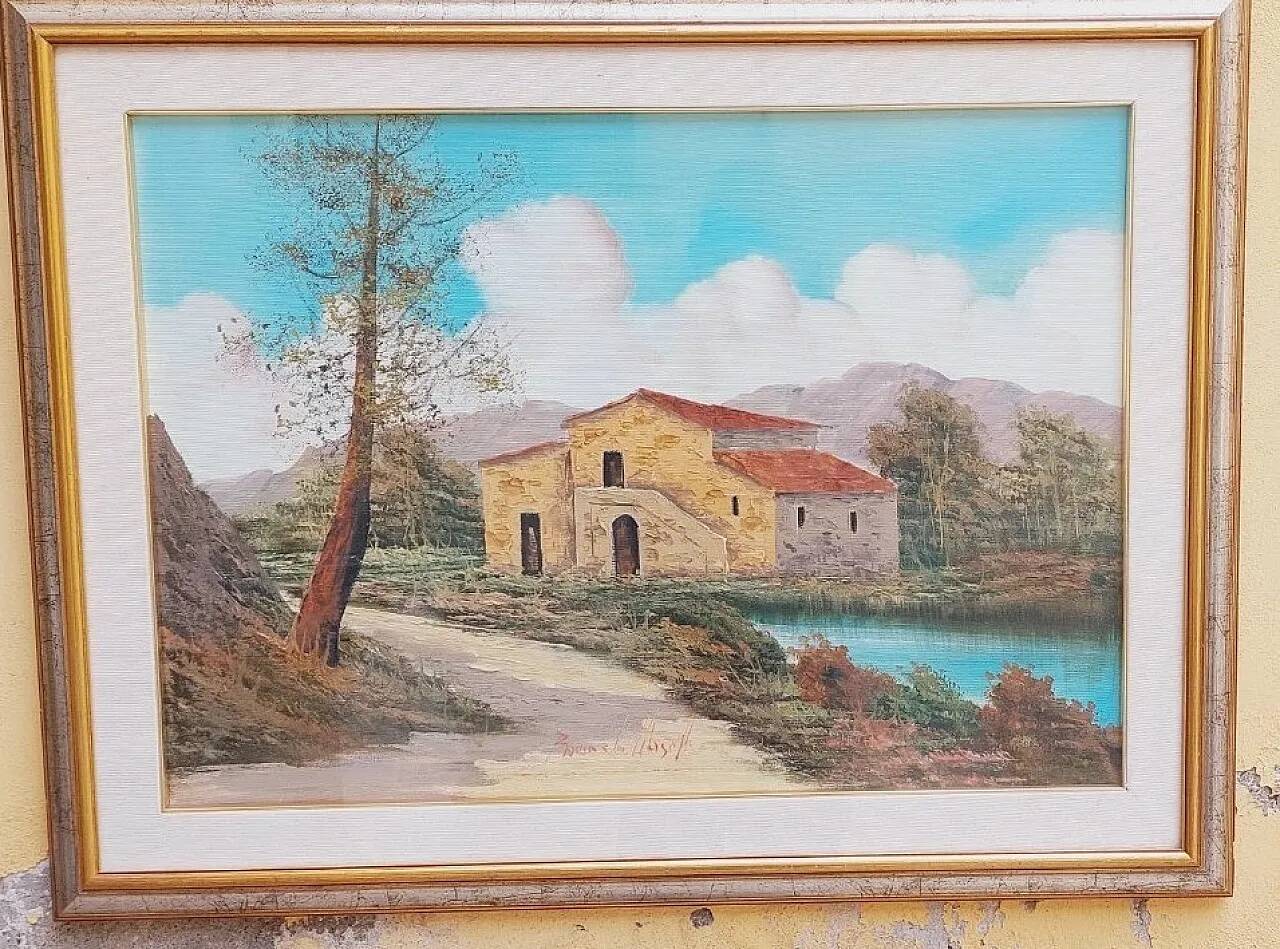 Tuscan landscape by R. Morelli, oil on canvas, late 20th century