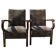 Pair of Art Deco brown armchairs in solid walnut, multicoloured patterned fabric, Budapest 1930s.