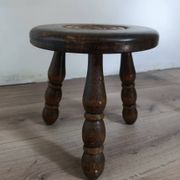 tabouret bas tripode bois, pied bobine, vintage