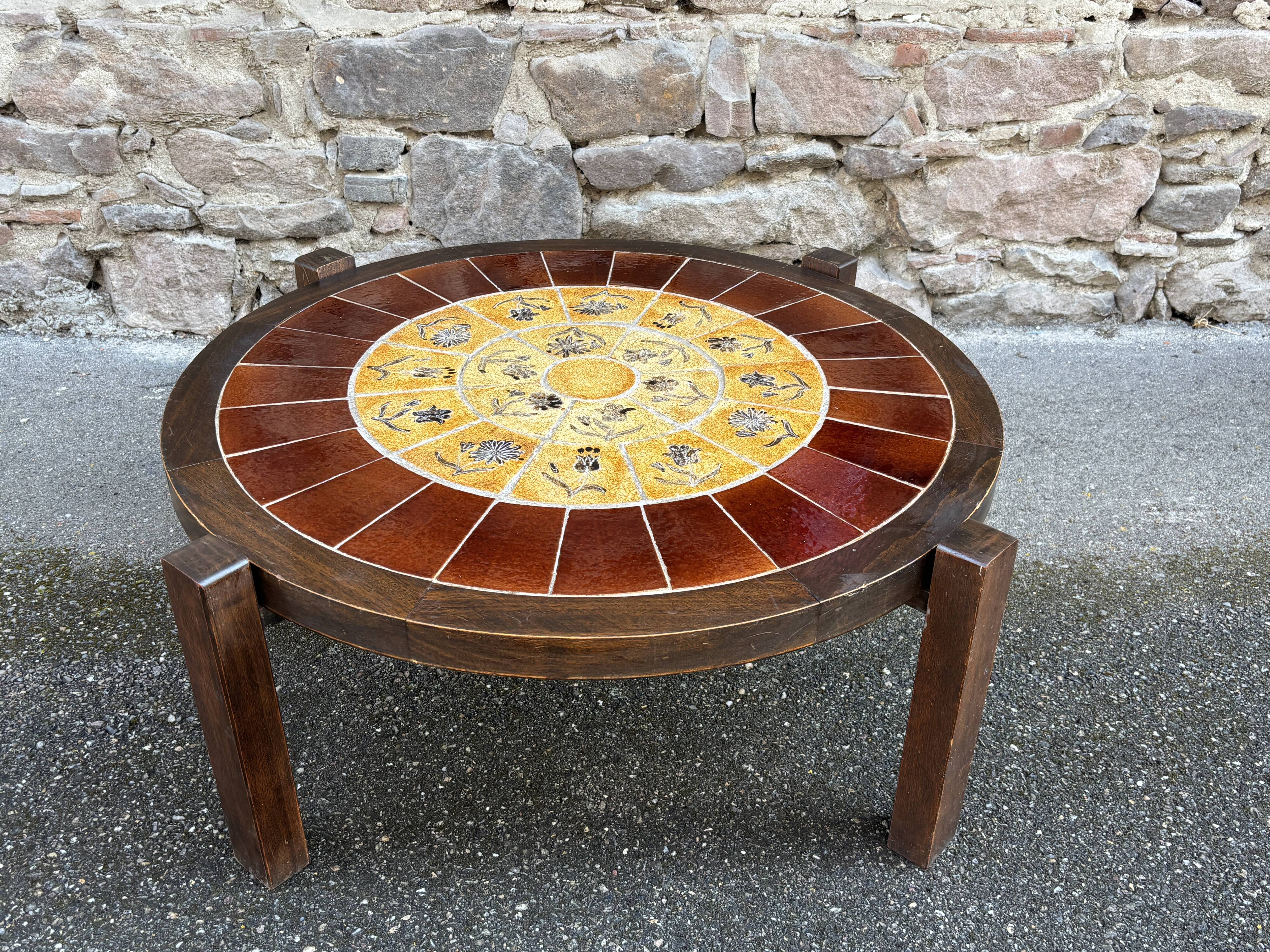 Table basse en bois et céramique style Roger Capron, Vallauris, années 70