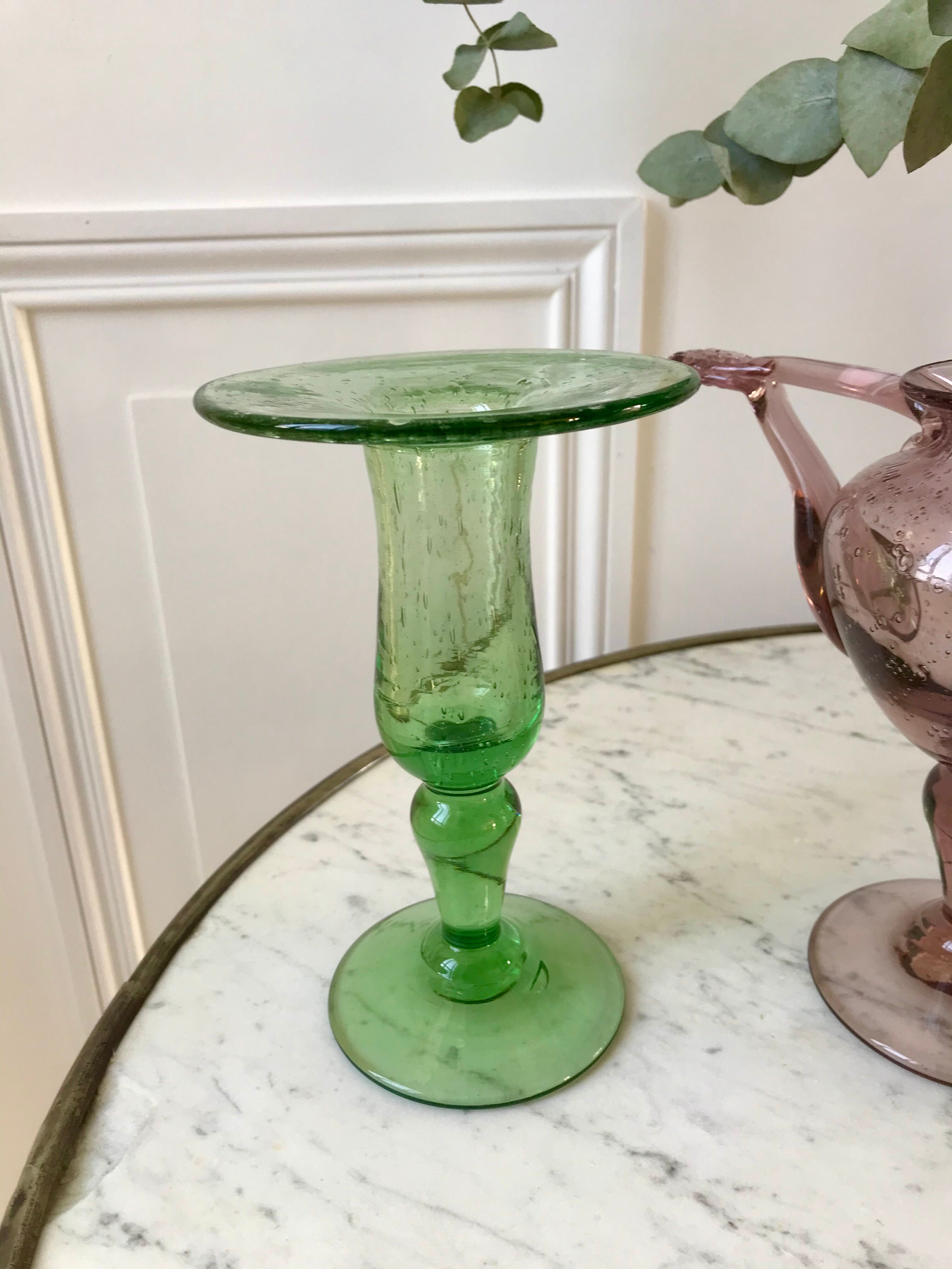 Biot bubble glass candle holder signed green years 60-70