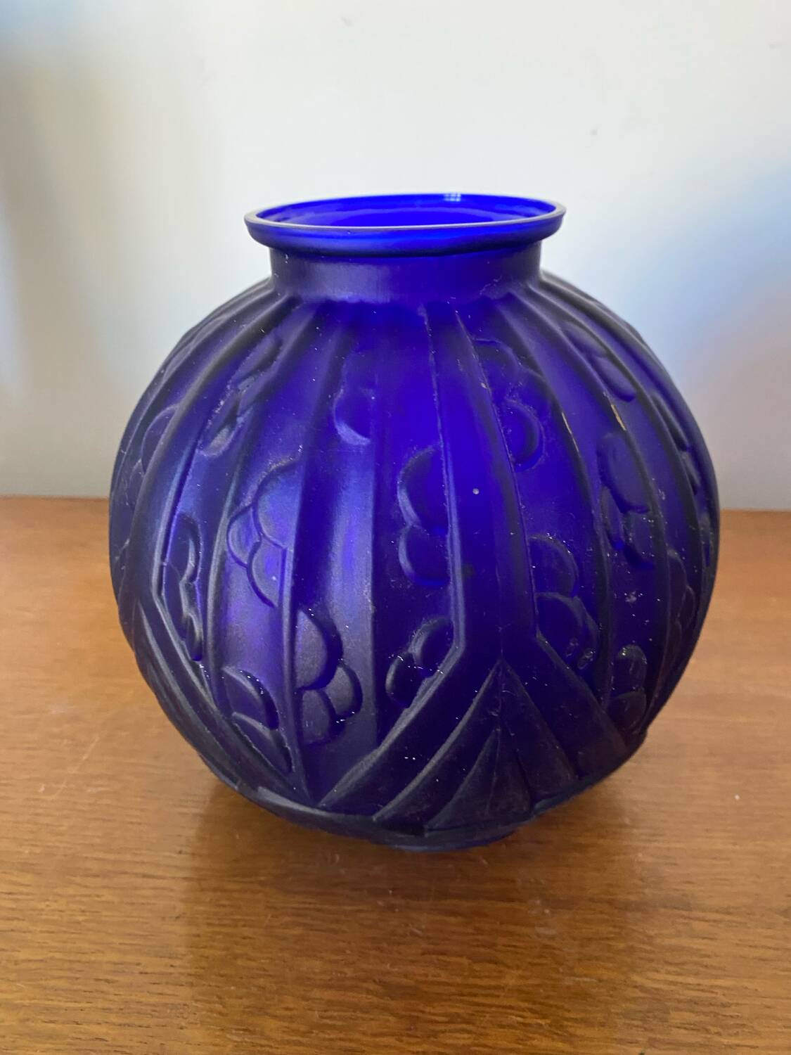 Antique Art Deco Ball Vase Molded Glass Czech Blue Vintage Decoration