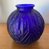 Ancien Vase Boule Art Déco Verre Moulé Bleu Tchèque Décoration Vintage