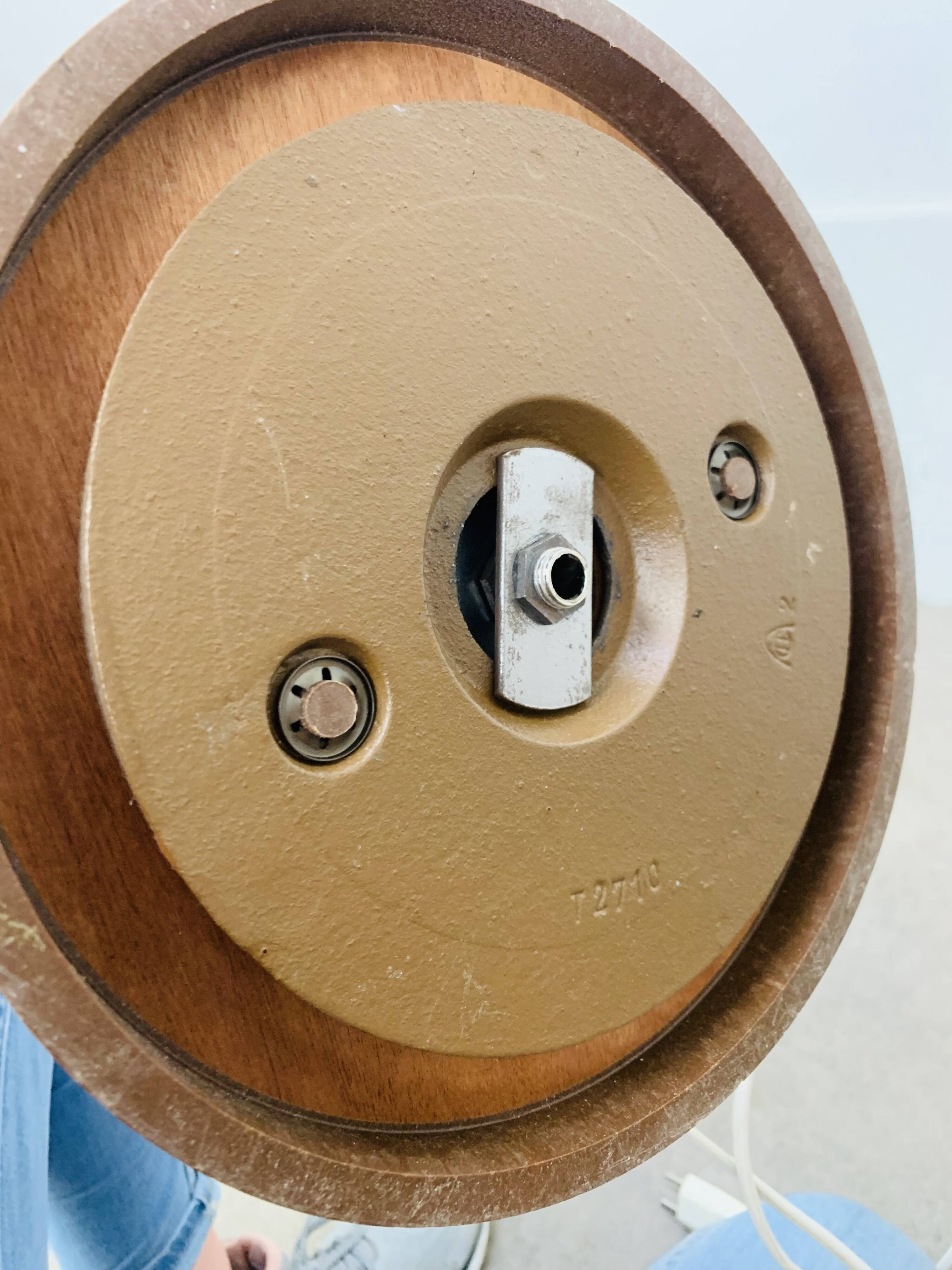 Eyeball floor lamp by Temde Leuchten, copper metal, teak and chrome, 70s.