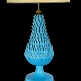 1.05 m pineapple lamp in turquoise ceramic on a gilded wooden base from the 1950s