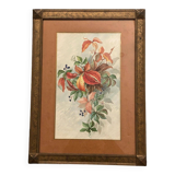 Aquarelle sur papier nature morte jeté de fleurs XXe par M. Jagu 1914