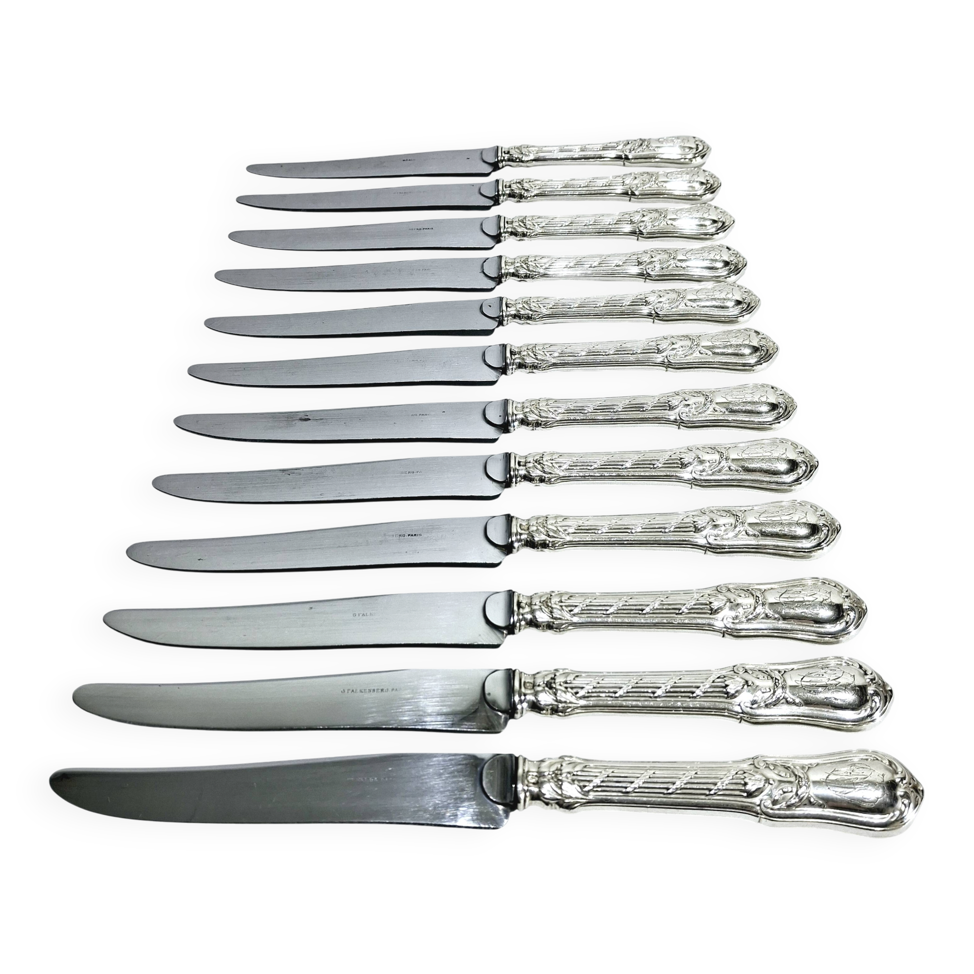 MARTIAL GAUTHIER / GEORGES FLAKENBERG - 12 KNIVES WITH SILVER HANDLES