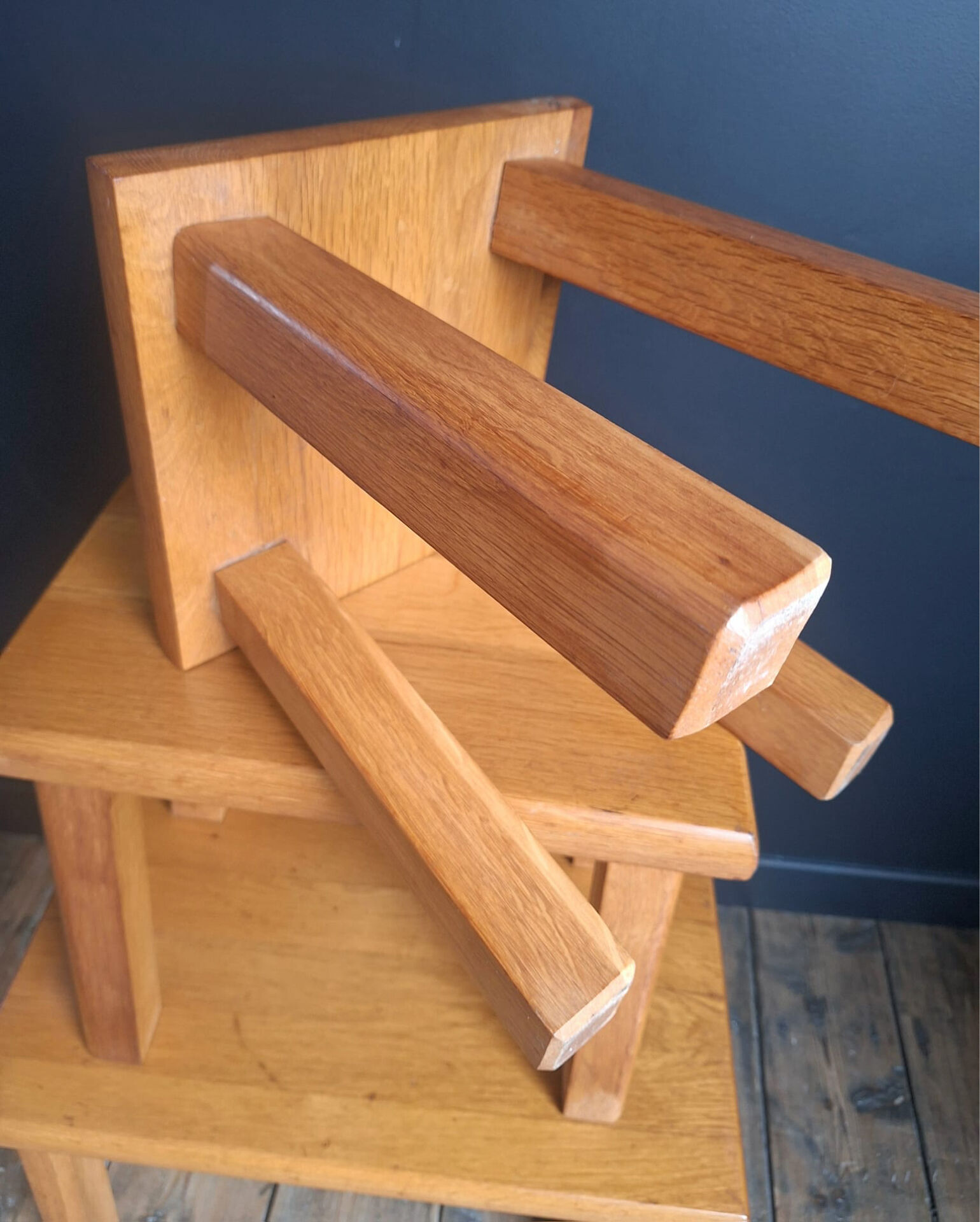 3 nesting tables in vintage elm, brutalist design.