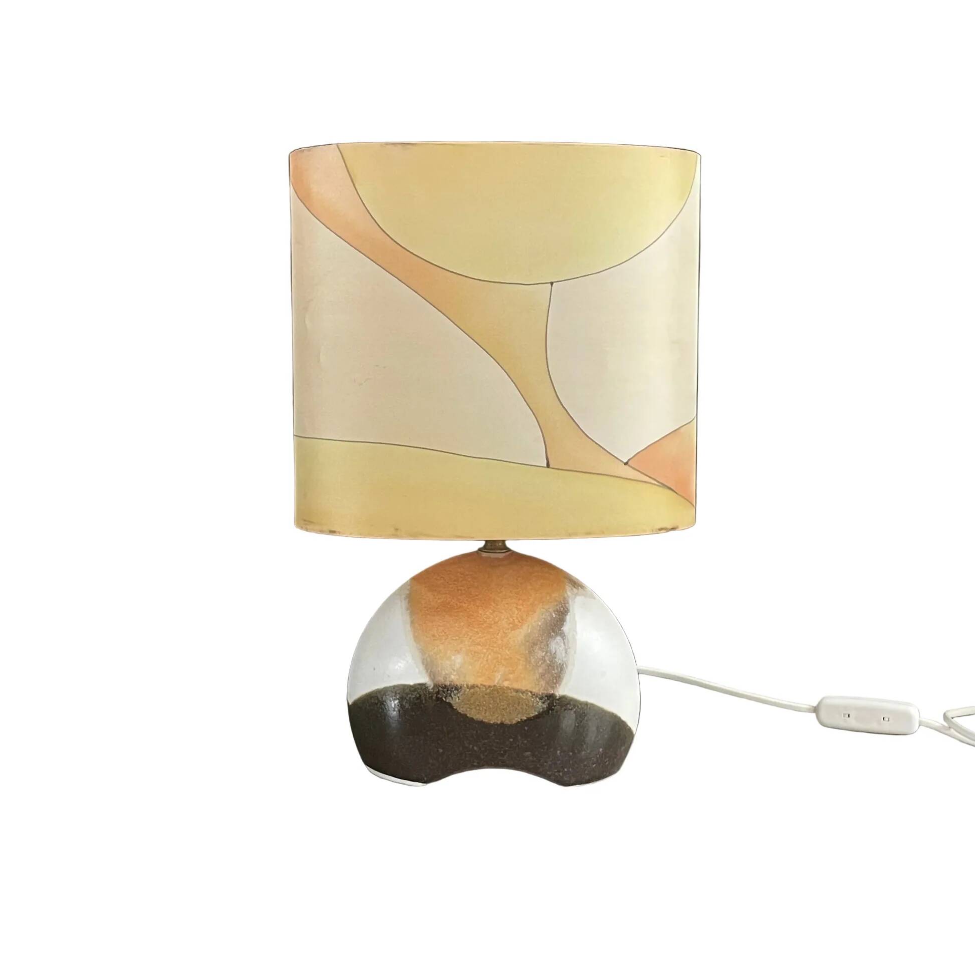 Ceramic floor lamp with a silk shade, signed.