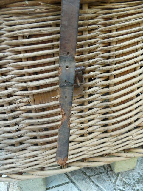 Old fishing basket rattan wood and leather