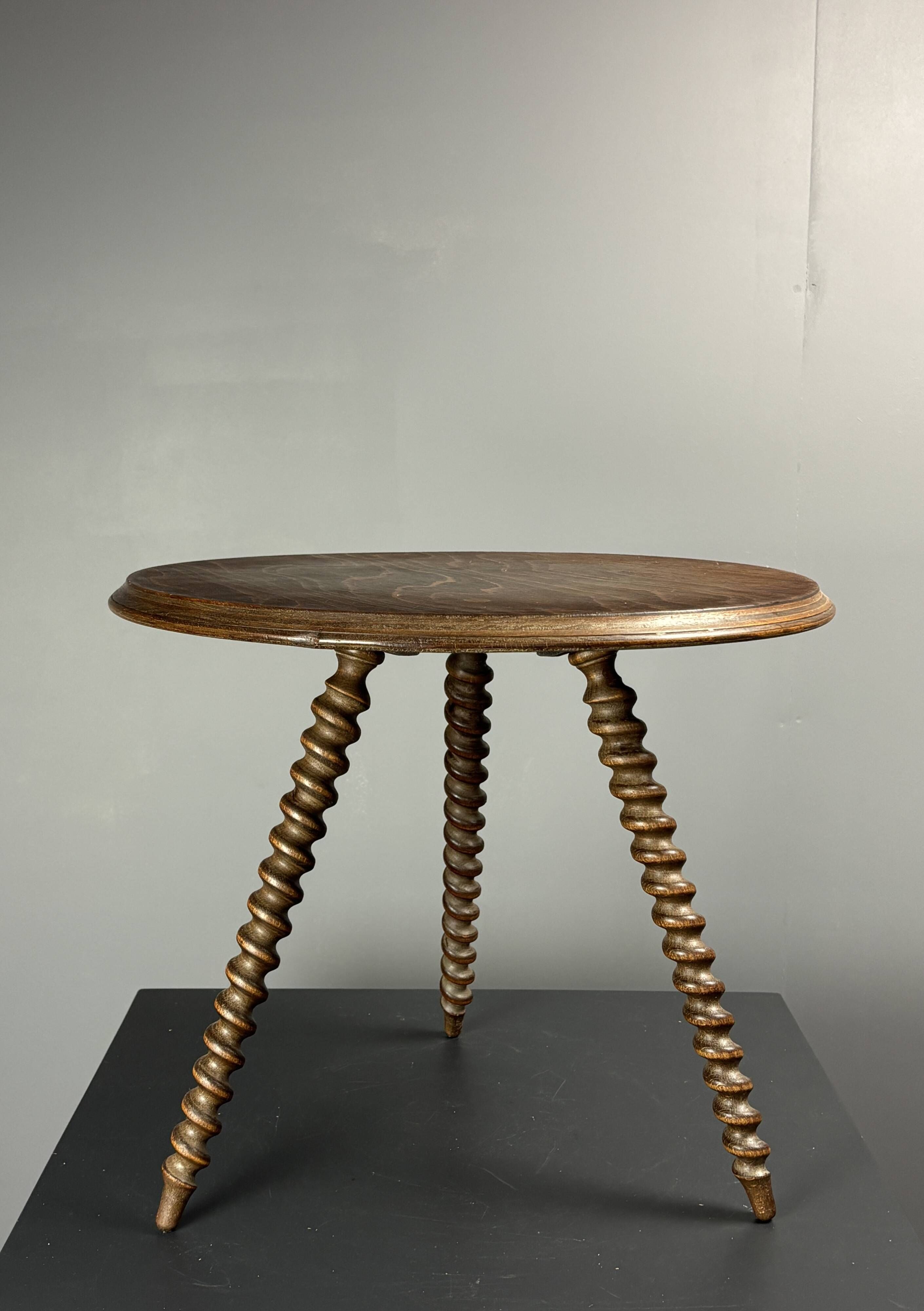 Midcentury wood turned barley twist side table with cork screw legs 1950s
