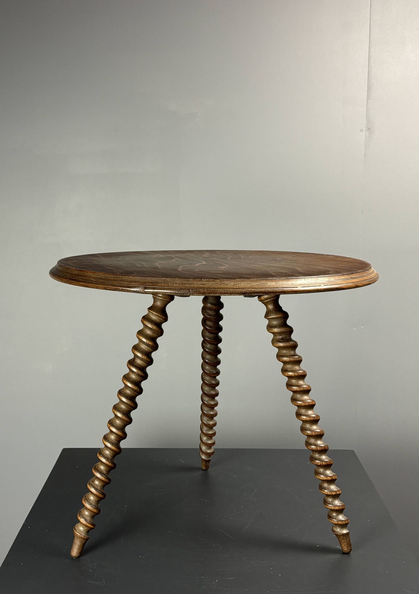 Midcentury wood turned barley twist side table with cork screw legs 1950s