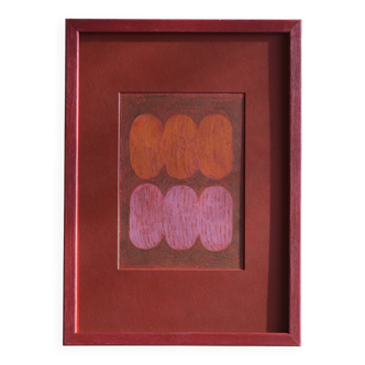 Framed painting on red paper signed eawy