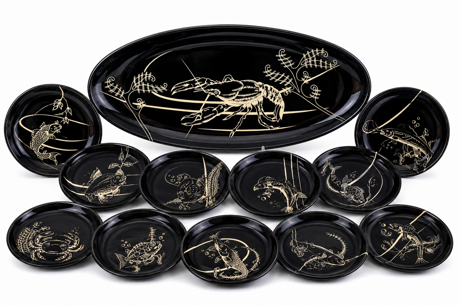Fish service Vallauris 13 pieces black lacquer fish decor 1950s