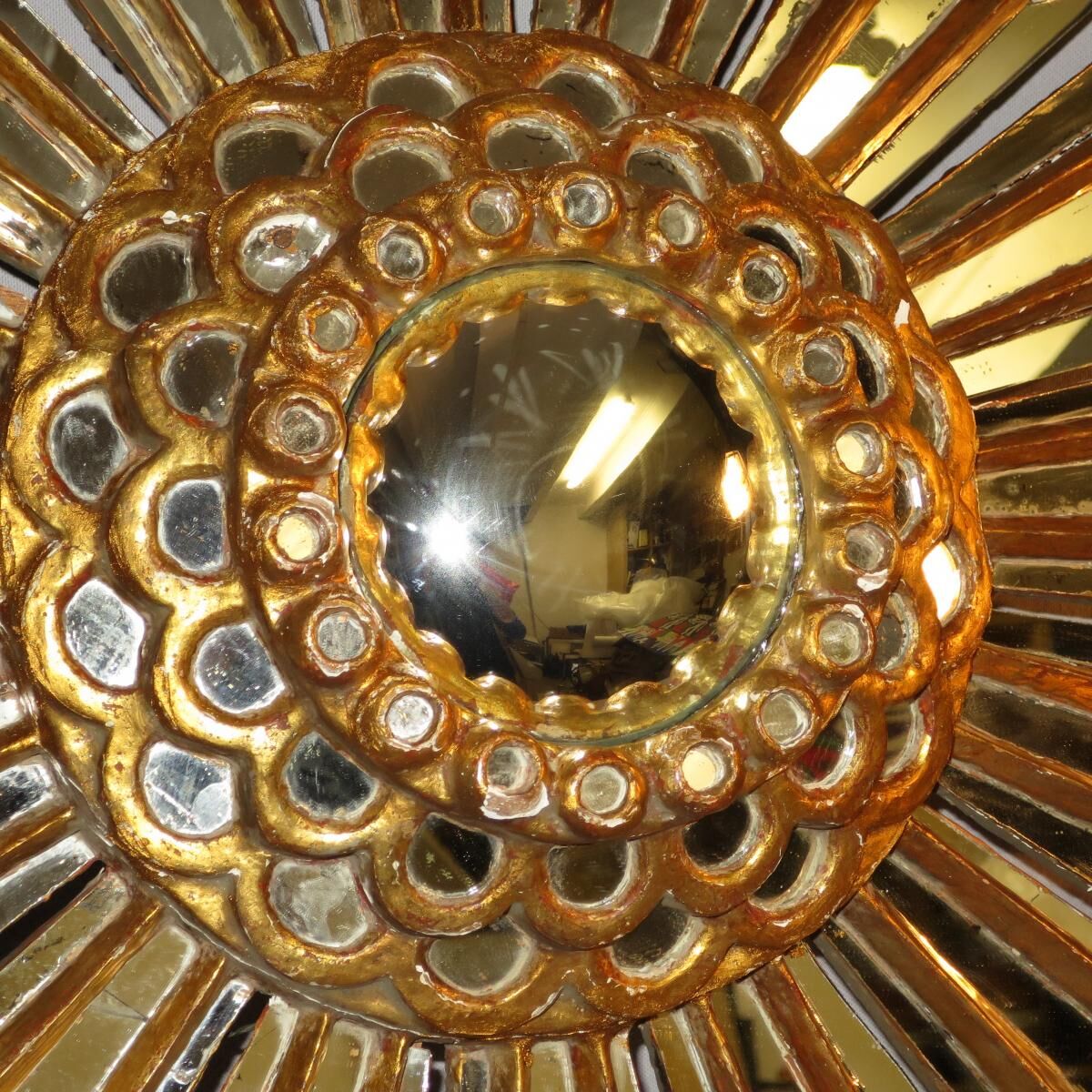 Mirror Sun bomb said "witch" 78 cm wood Golden early 20th