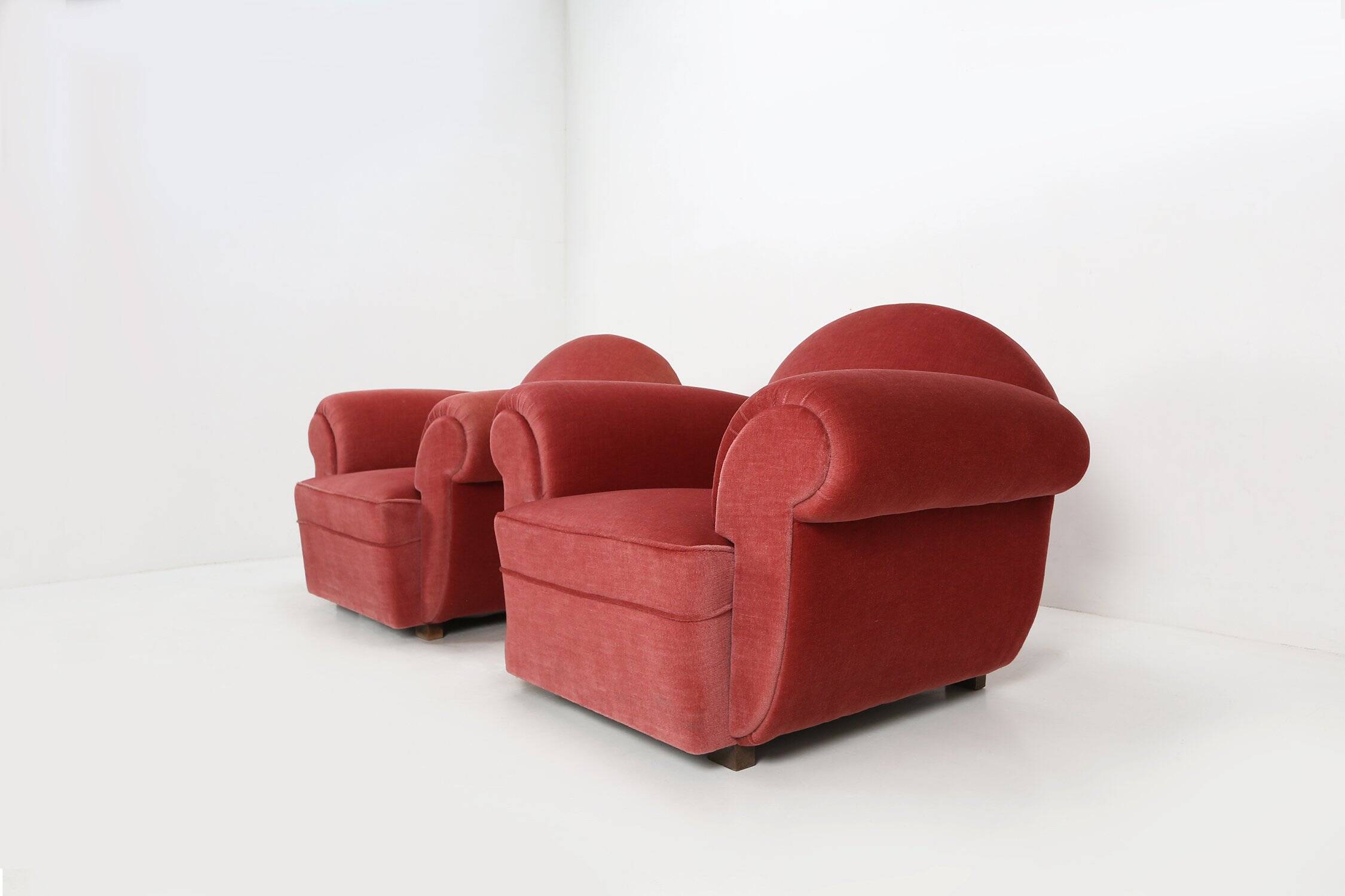 Set of 3 French Art Deco Red velvet Upholstered Armchairs, 1930s