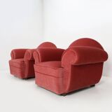 Set of 3 French Art Deco Red velvet Upholstered Armchairs, 1930s