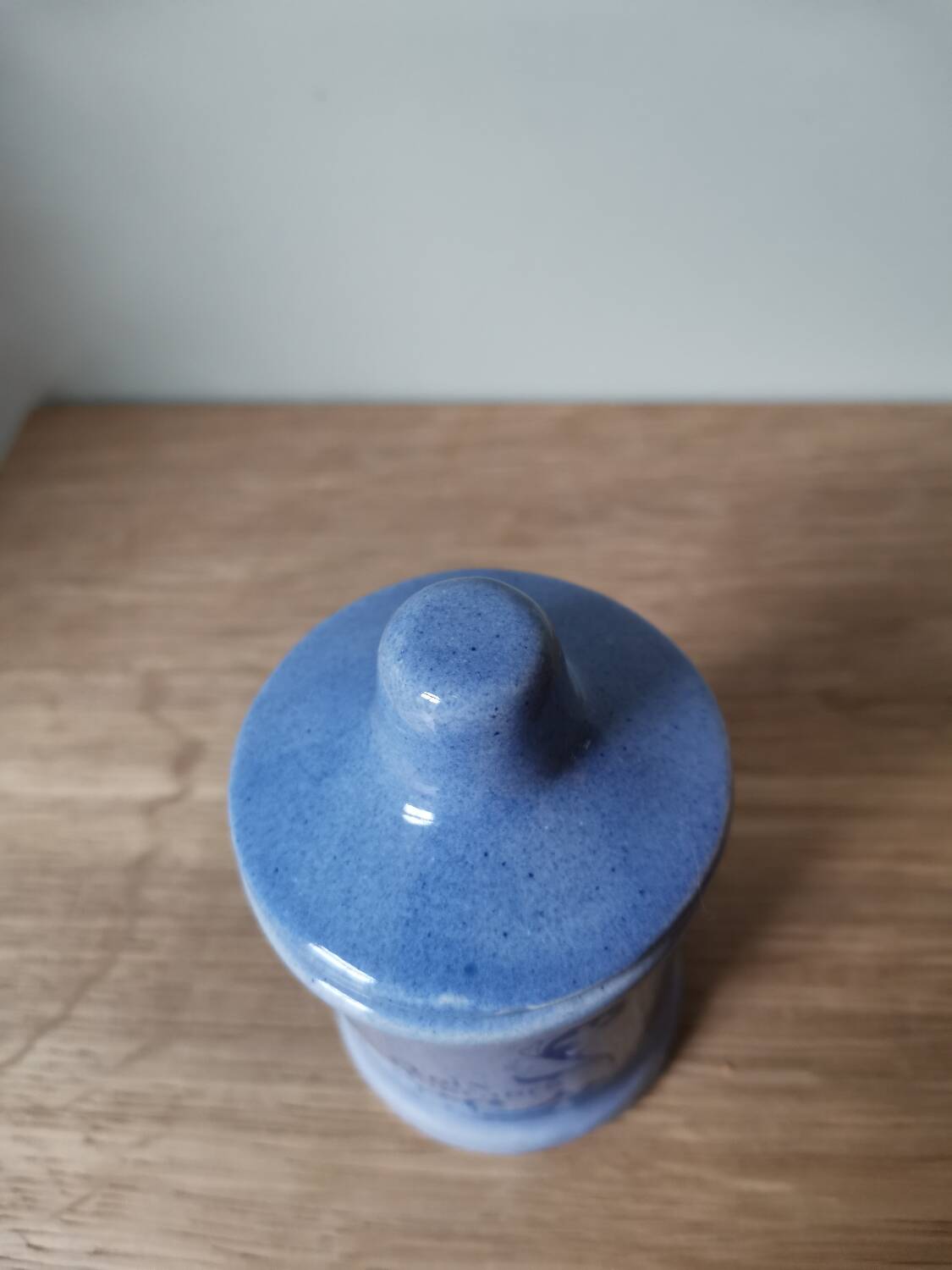 Nutmeg spice pot in vintage blue ceramic vegetable pattern stamped sipa France advertising