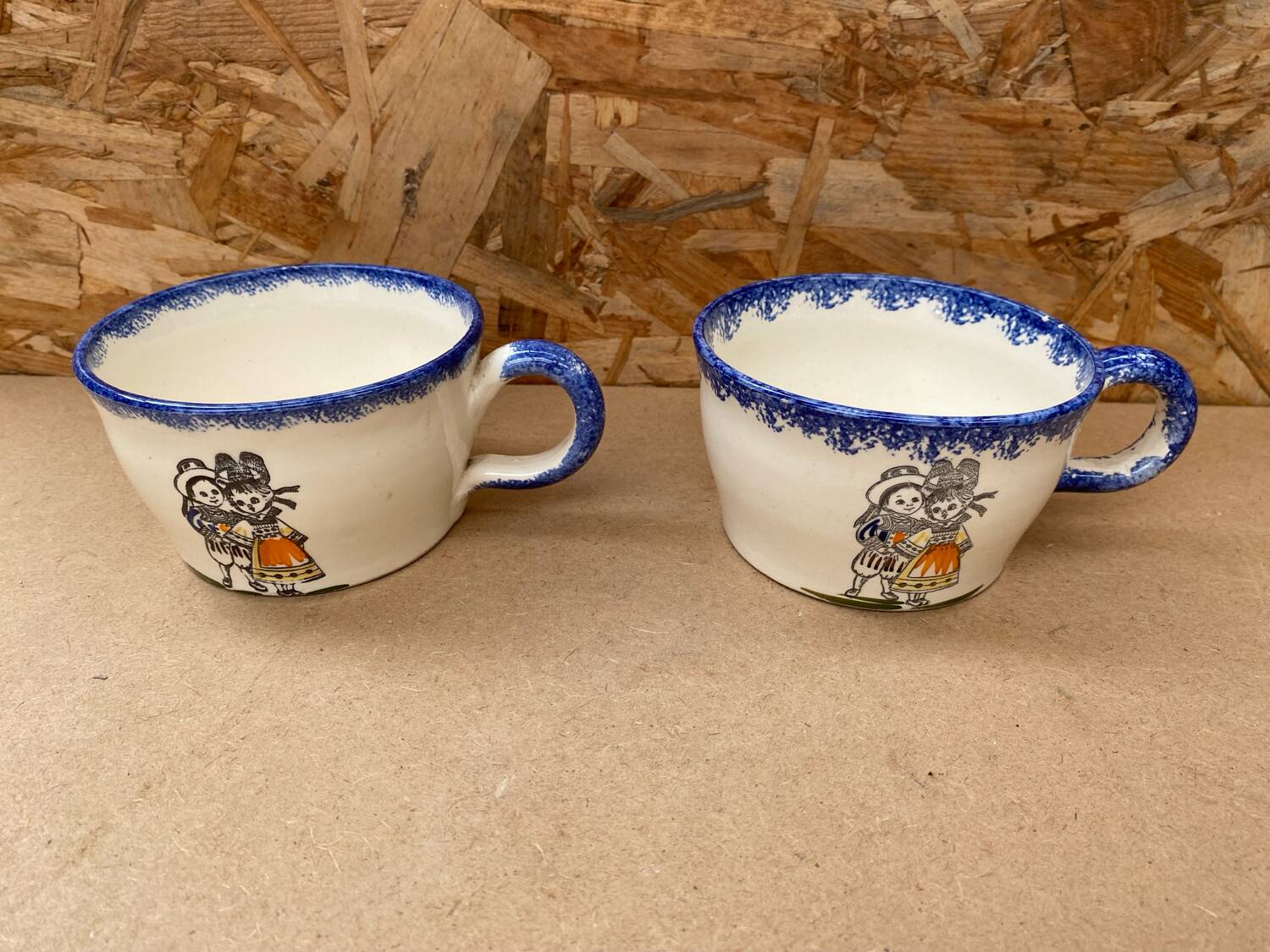 Pair antique quimper cb ceramic beige blue france cup #b287