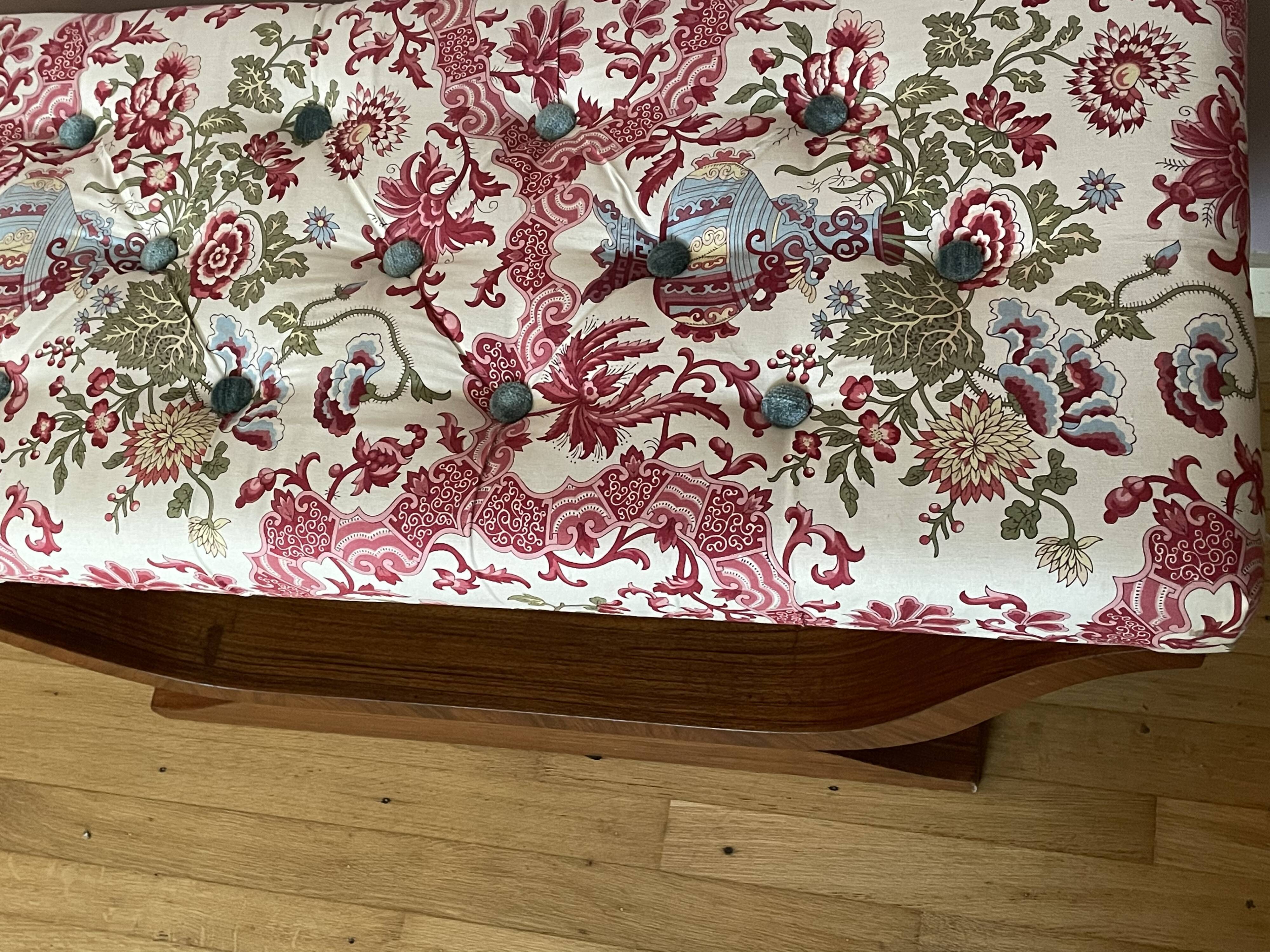 Art-deco walnut bench with floral fabric