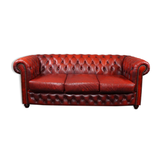 Canapé Chesterfield rouge 3 places cuir de vachette