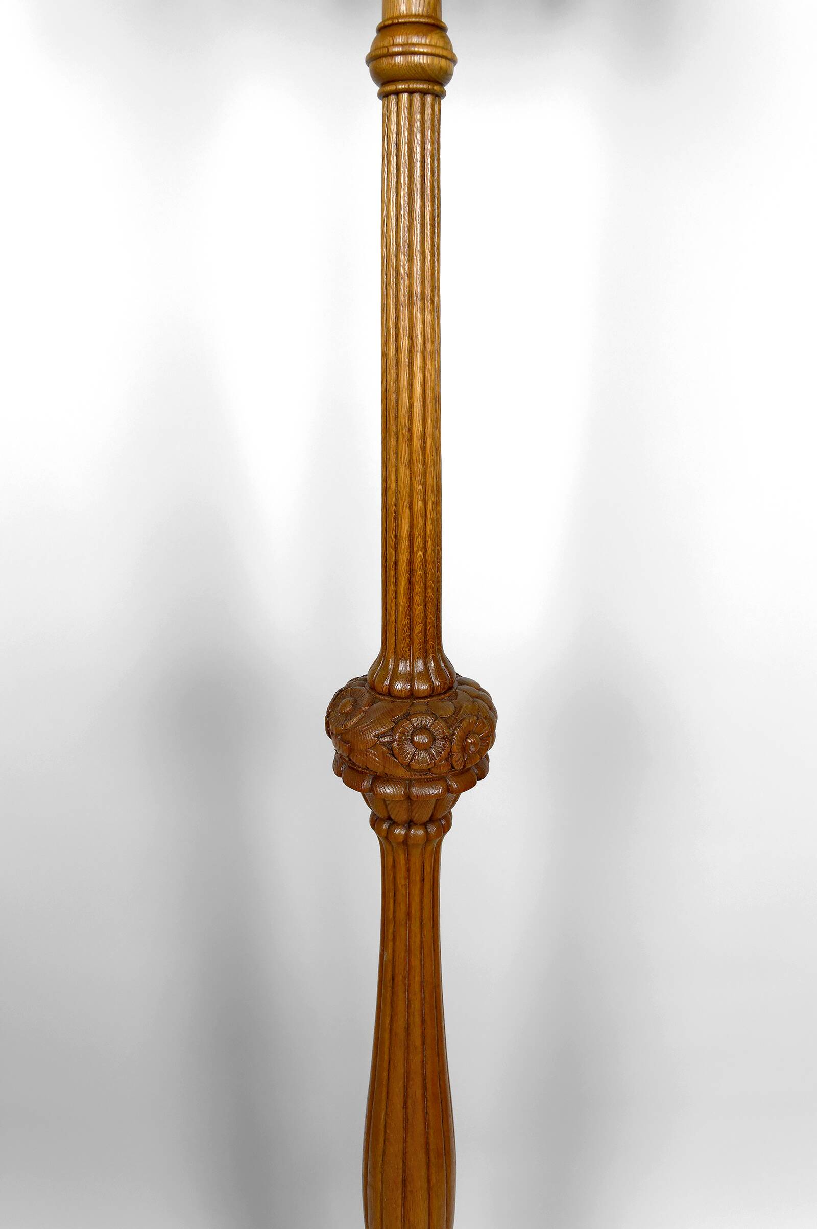 Important Art Deco carved oak floor lamp, France, circa 1920