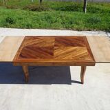 Walnut table with wood marquetry, 2 extensions.