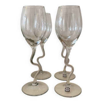1980s Crystal Wine Glasses Wavy/Zigzag Stem