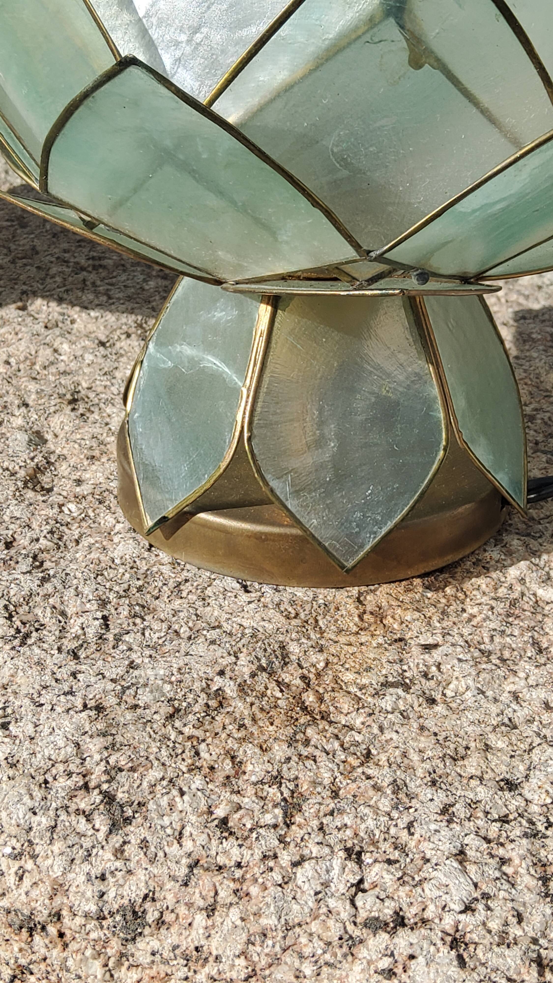 Pair of designer table lamps in turquoise blue green capiz mother-of-pearl from the 70s